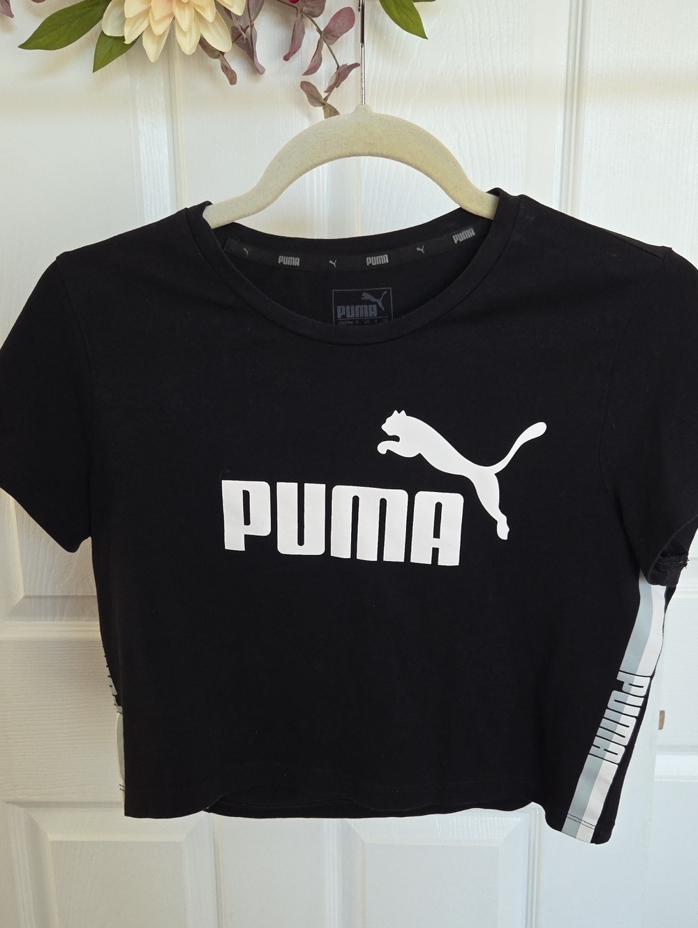 Puma Black Cropped Logo Tee with Side Stripes